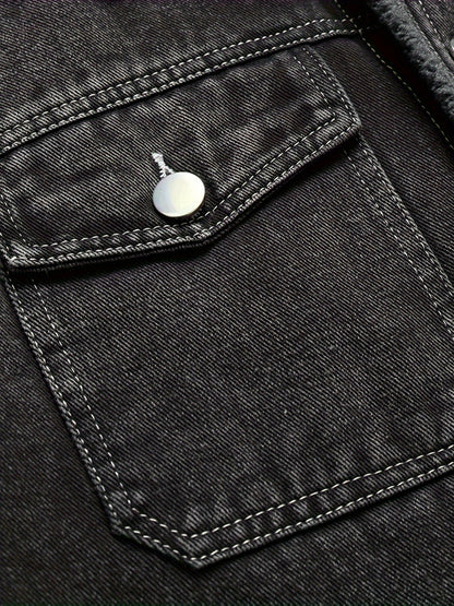 Herren Jeansjacke mit Teddyfutter, Sherpa Kragen, Knopfleiste, Brusttaschen, warm gefüttert