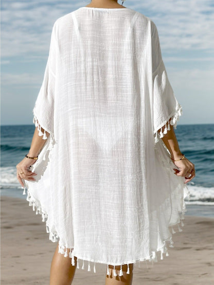 Damen Strand Kaftan Poncho mit Häkel-Details und Fransen – Eleganter Badeüberwurf