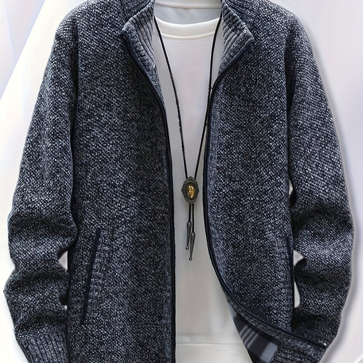 Herren Strickjacke mit Reißverschluss Stehkragen und Taschen meliert