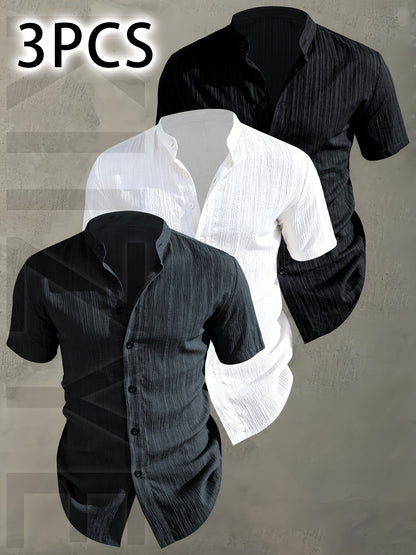 Herren 3er-Pack Stehkragen Hemden – Modischer Freizeit Look, Kurzarm, Knopfleiste