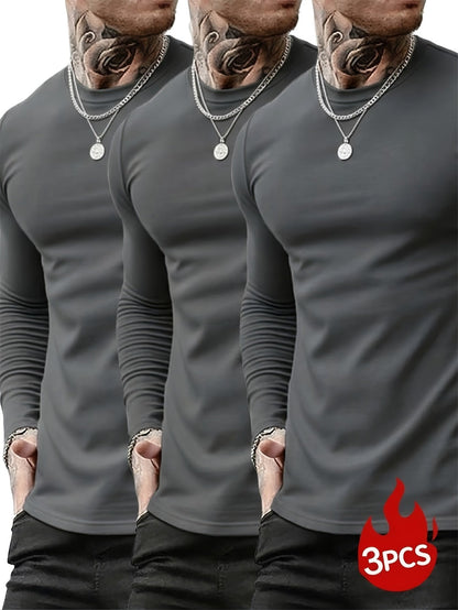 3er Pack Langarmshirt Herren Rundhals Basic Langarm T-Shirt Schwarz Weiß Grau