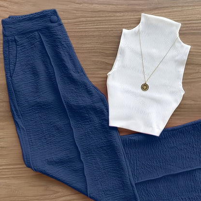 Damen Elegantes Set – Ärmelloses Oberteil mit Stehkragen und Weite Hose, Perfekt für Büro & Freizeit