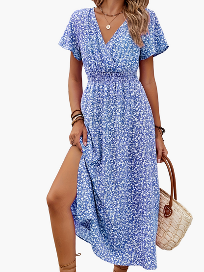 Damen Sommerkleid Elegant mit Blumenmuster und Schlitz – Perfekt für Alltag und Urlaub