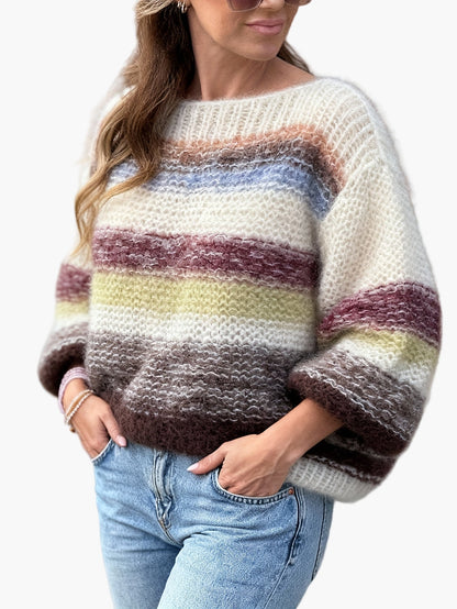 Damen Eleganter Strickpullover mit Streifenmuster für Herbst und Winter – Bequemer Freizeit-Look