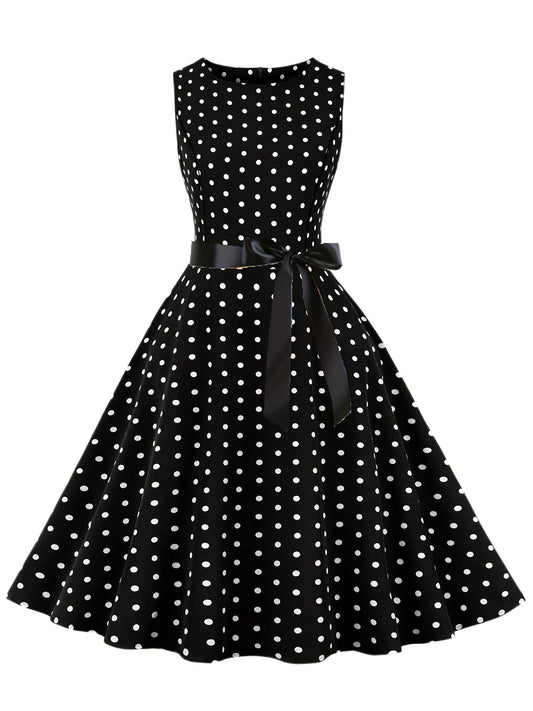 Damen Vintage Polka Dot Rockabilly Kleid mit Gürtel – Elegantes Retro Partykleid