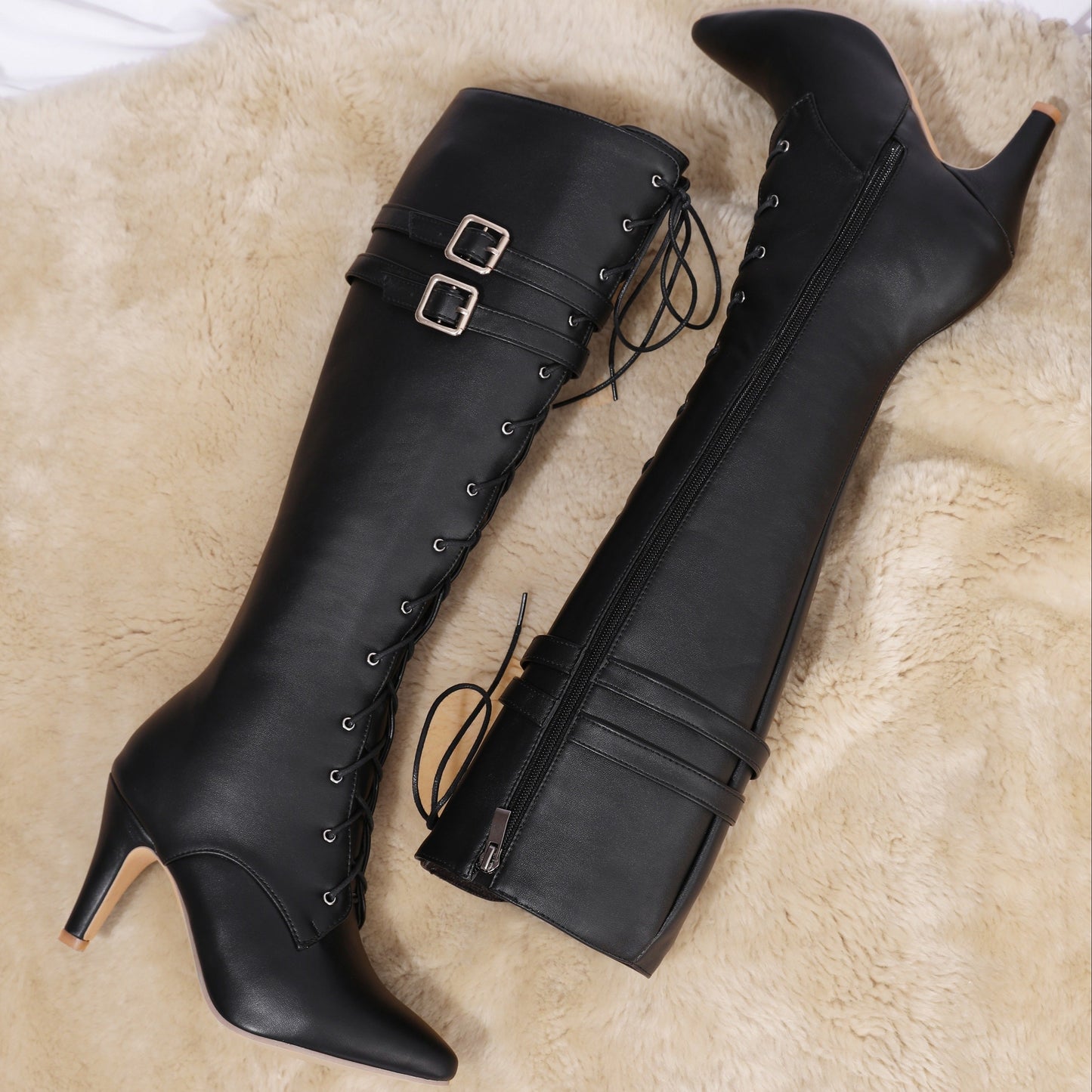 Damen Stiefel Schwarz mit Schnürung & Schnallen Hoher Absatz Spitz