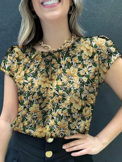 Damen Bluse mit Blumenmuster und Raffungen – Kurzarm, elegant, vielseitig für Büro & Freizeit