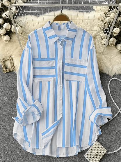 Damen Streifen-Bluse im Boyfriend-Stil mit Knopfleiste und Brusttaschen – Elegante Freizeit- und Businessmode