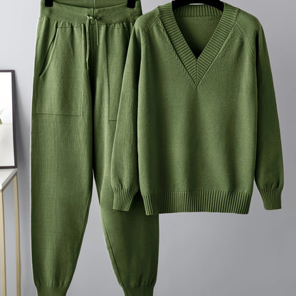 Damen Loungewear Set Strickpullover V-Ausschnitt und Strickhose Jogger mit Tunnelzug