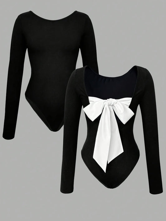 Damen Body Langarm Schwarz mit Großer Weißer Schleife Vorn/Hinten
