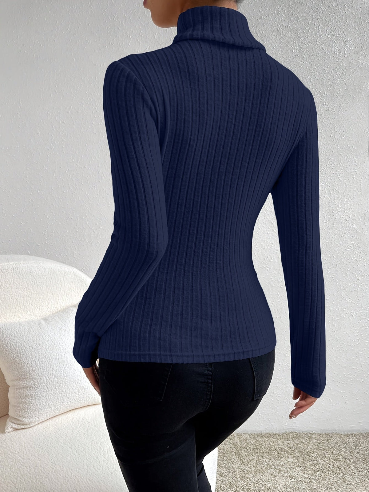 Damen Gerippter Rollkragenpullover Langarm Oberteil