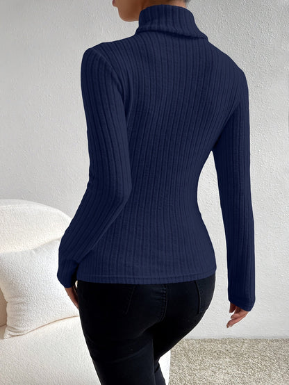 Damen Gerippter Rollkragenpullover Langarm Oberteil