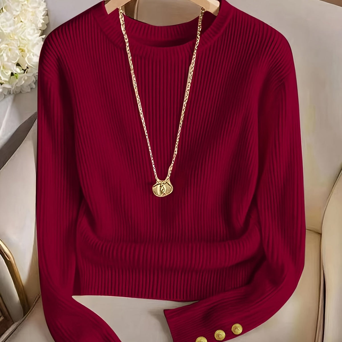 Damen Gerippter Strickpullover Rundhals mit Knöpfen Ärmel Braun