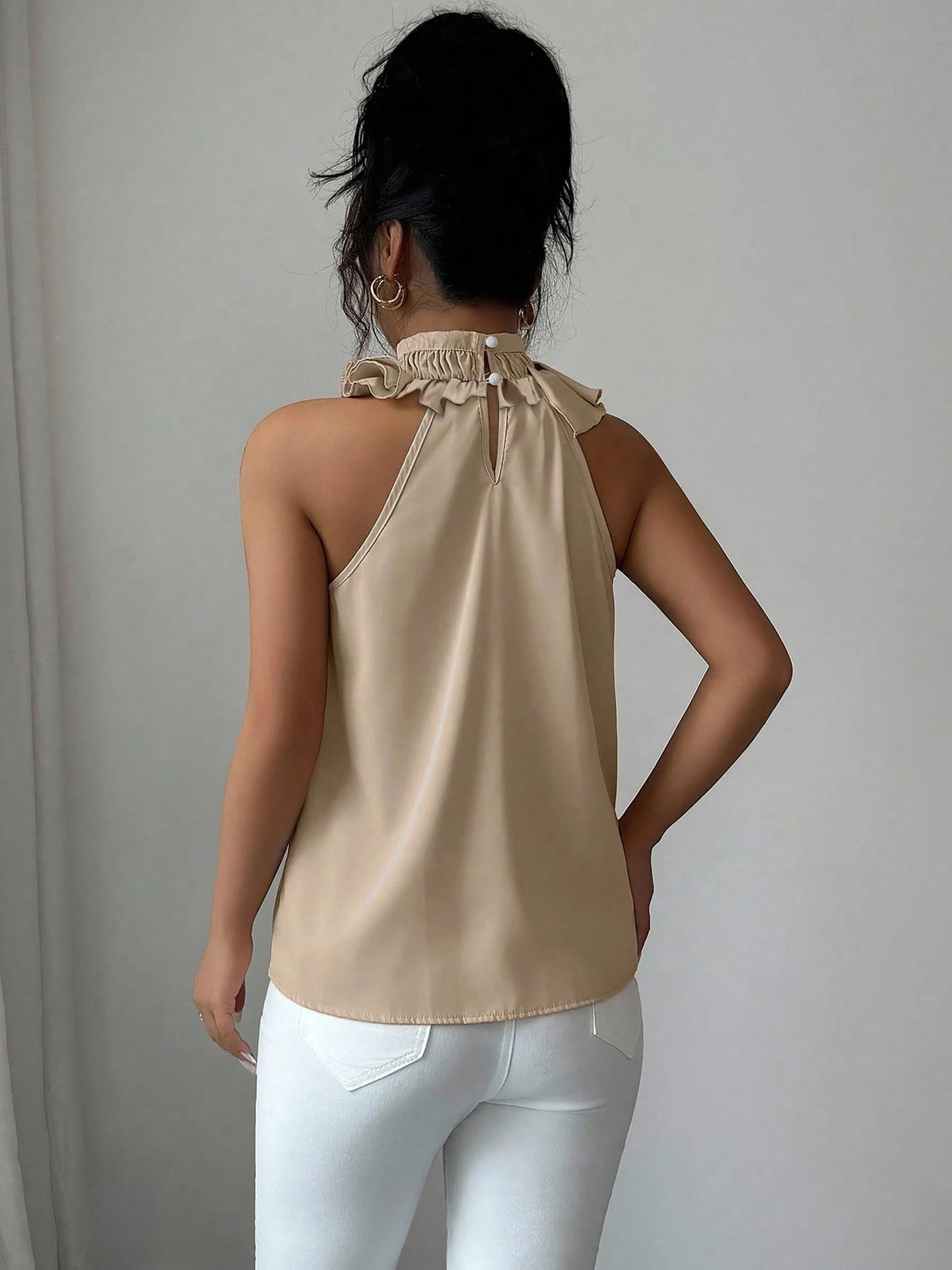 Damen Elegante Rüschenbluse mit Stehkragen – Ärmellos, Stilvoll, Für Büro und besondere Anlässe
