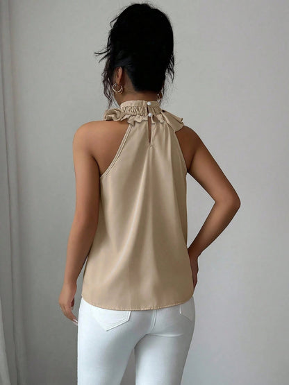 Damen Elegante Rüschenbluse mit Stehkragen – Ärmellos, Stilvoll, Für Büro und besondere Anlässe