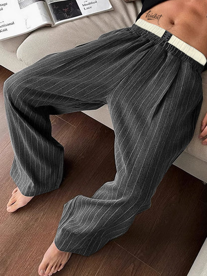 Herren Weite Lounge-Hose mit Nadelstreifen und Elastikbund – Moderner Relaxed Fit für Freizeit und Home Office