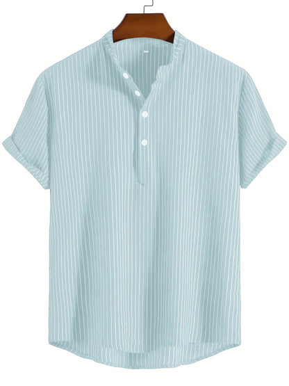 Herren Freizeit Hemd mit Stehkragen und Streifen – Modernes Kurzarmshirt für Alltag und Büro