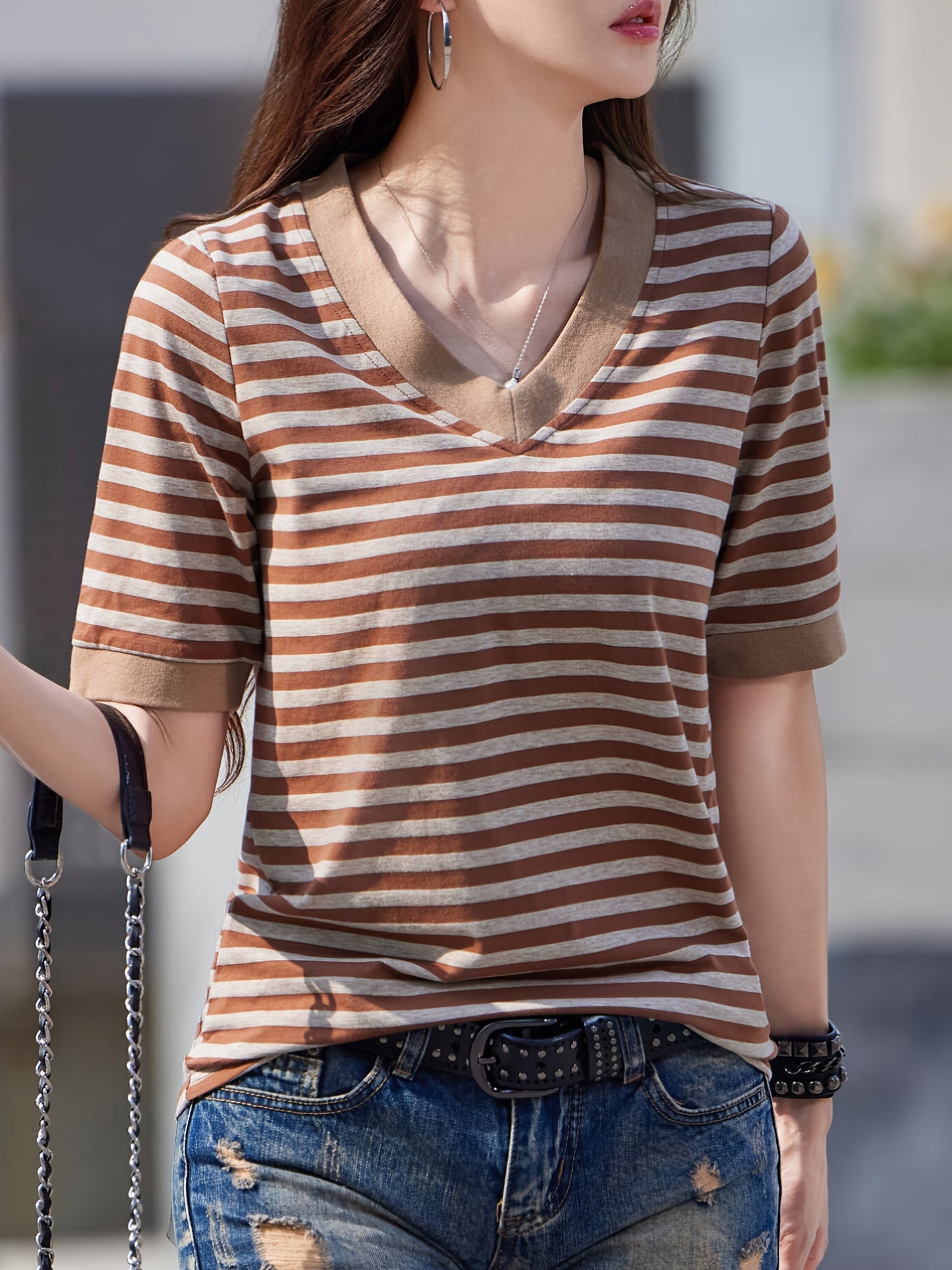 Damen Streifen T-Shirt mit V-Ausschnitt, Kurzarm, Modischer Freizeitstil