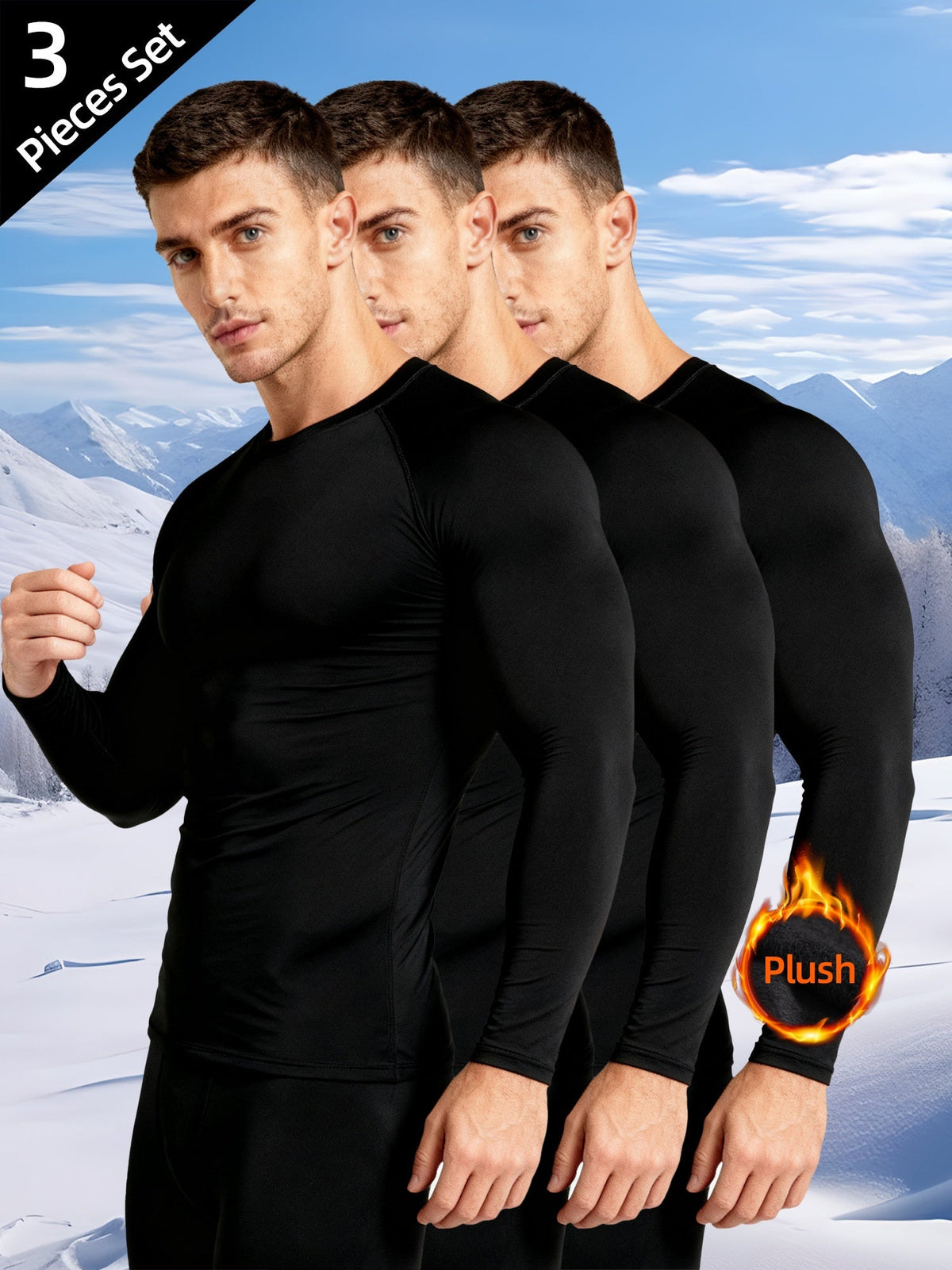 Herren Langarm Thermo Unterhemd Kompressionsshirt Rundhals Schwarz 3er-Set