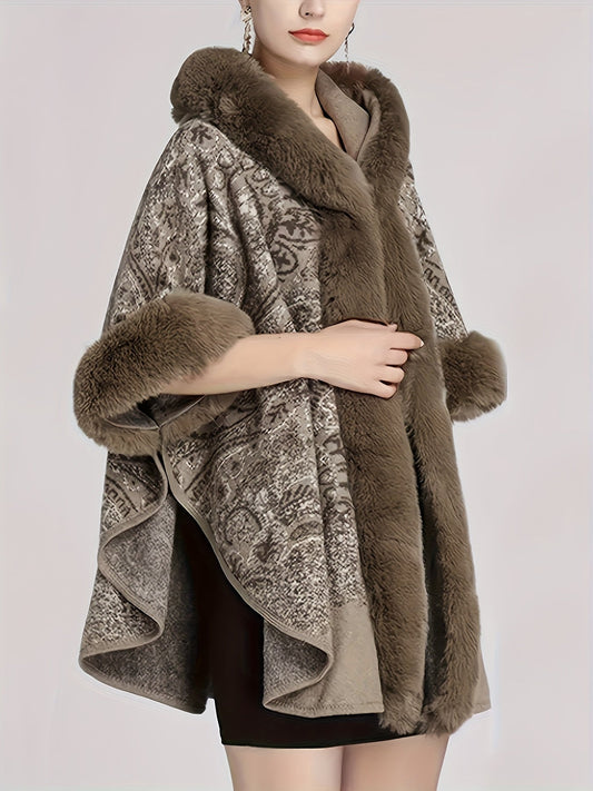 Damen Cape mit Kapuze und Kunstpelzbesatz - Musterbedruckt, Mehrfarbig