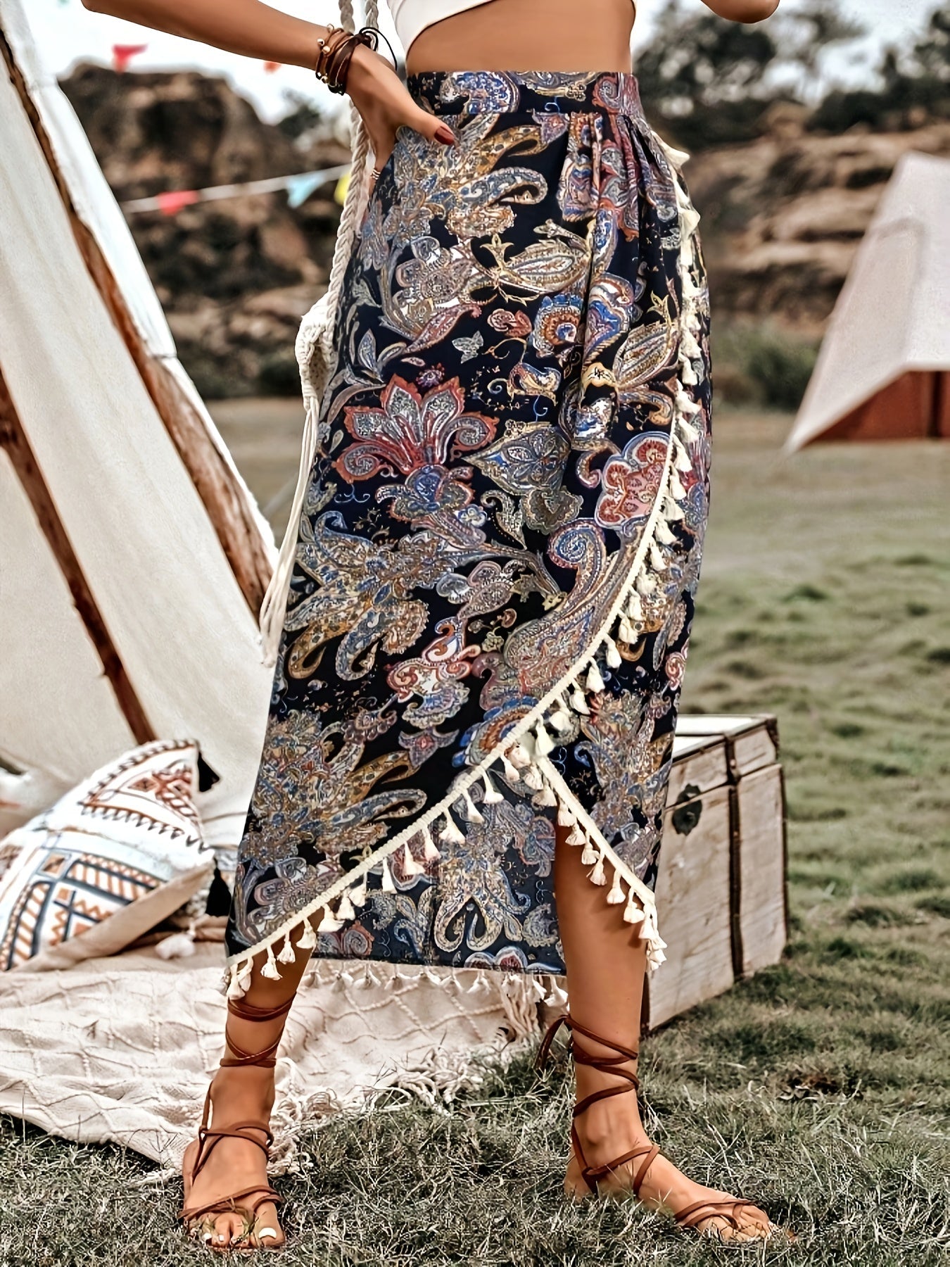 Damen Boho-Wickelrock mit Paisley-Muster und Quasten, Midi, Vintage-Stil, Elegant für Freizeit und Urlaub