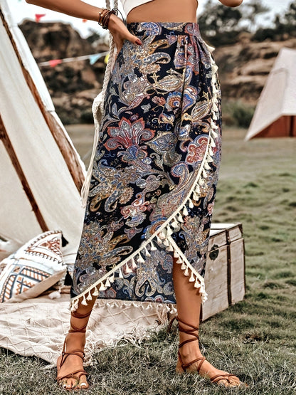 Damen Boho-Wickelrock mit Paisley-Muster und Quasten, Midi, Vintage-Stil, Elegant für Freizeit und Urlaub