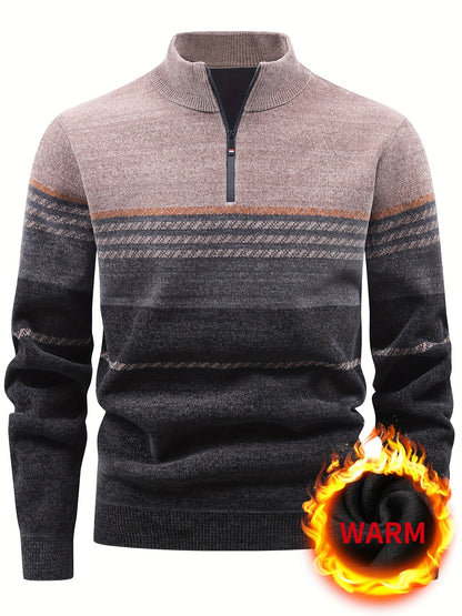 Herren Pullover Halb-Reißverschluss Stehkragen gestreift Fleece-Futter