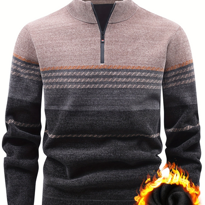 Herren Pullover Halb-Reißverschluss Stehkragen gestreift Fleece-Futter