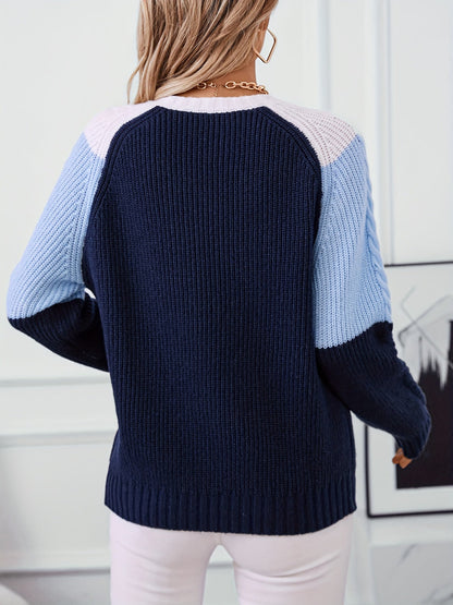 Damen Strickpullover Colour-Blocking Zopfmuster Langarm Rundhals