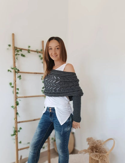 Gestrickter Bolero Damen Wickelpullover mit Ärmeln und Lochmuster