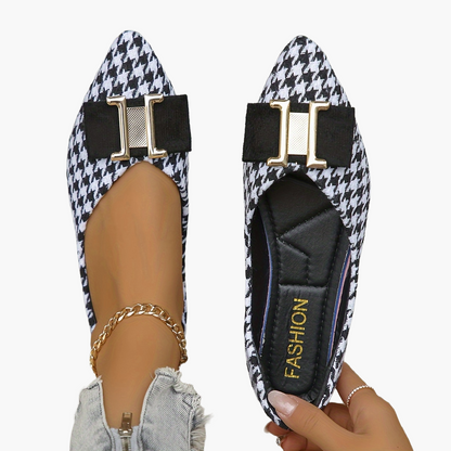 Damen Elegante Houndstooth Ballerinas mit Schleifen-Detail – Modische Flats für Alltag und Büro