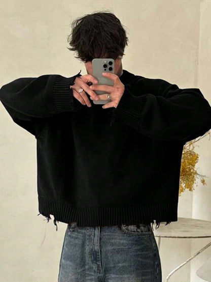 Unisex Distressed Pullover mit Rundhals Ausschnitt und Rippbündchen