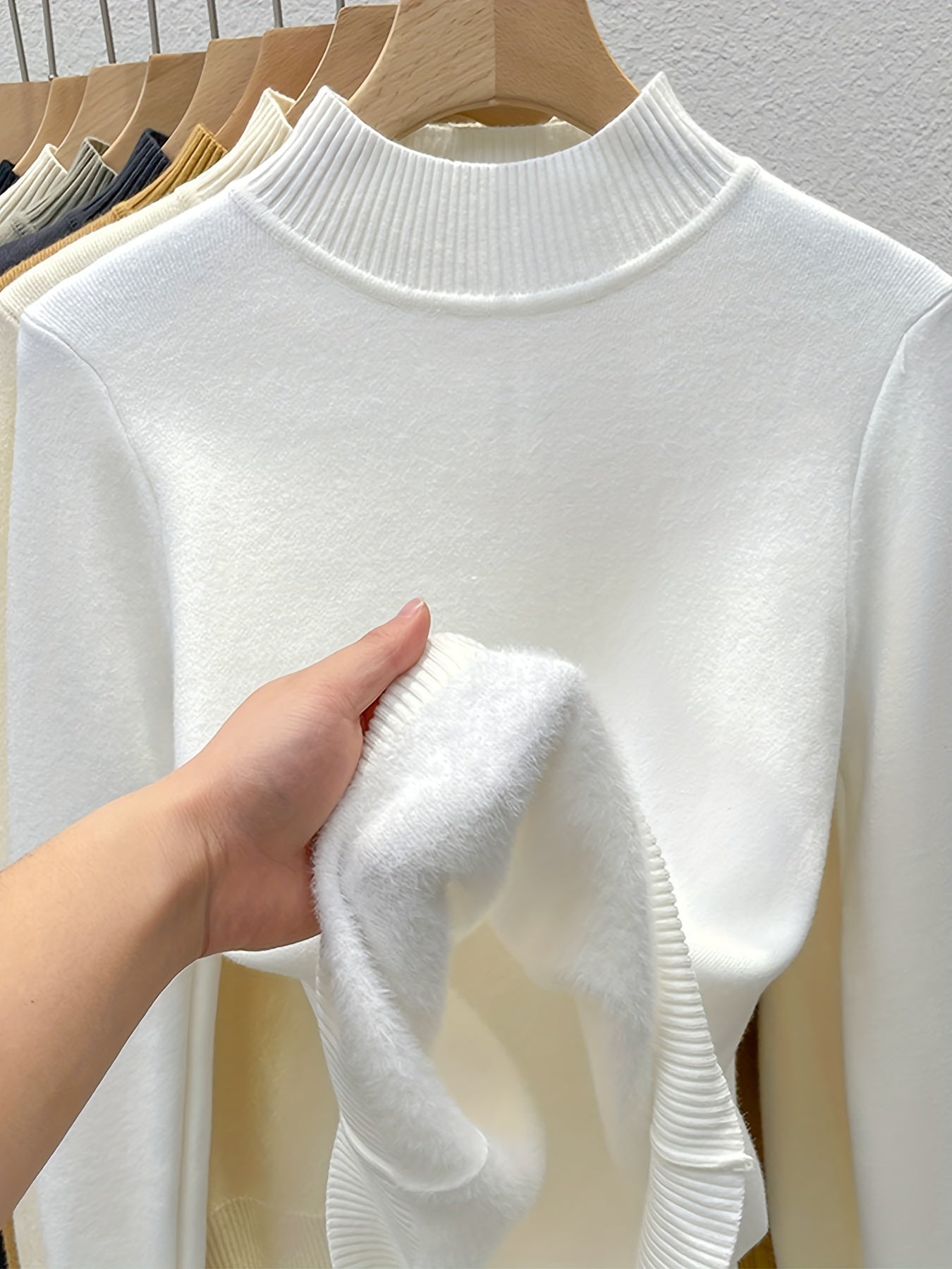 Damen Rollkragen Pullover mit Fleece-Futter – Langarm Basic Shirt Warm