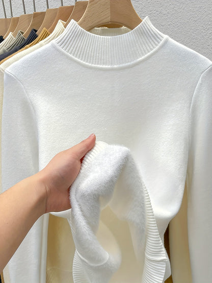 Damen Rollkragen Pullover mit Fleece-Futter – Langarm Basic Shirt Warm