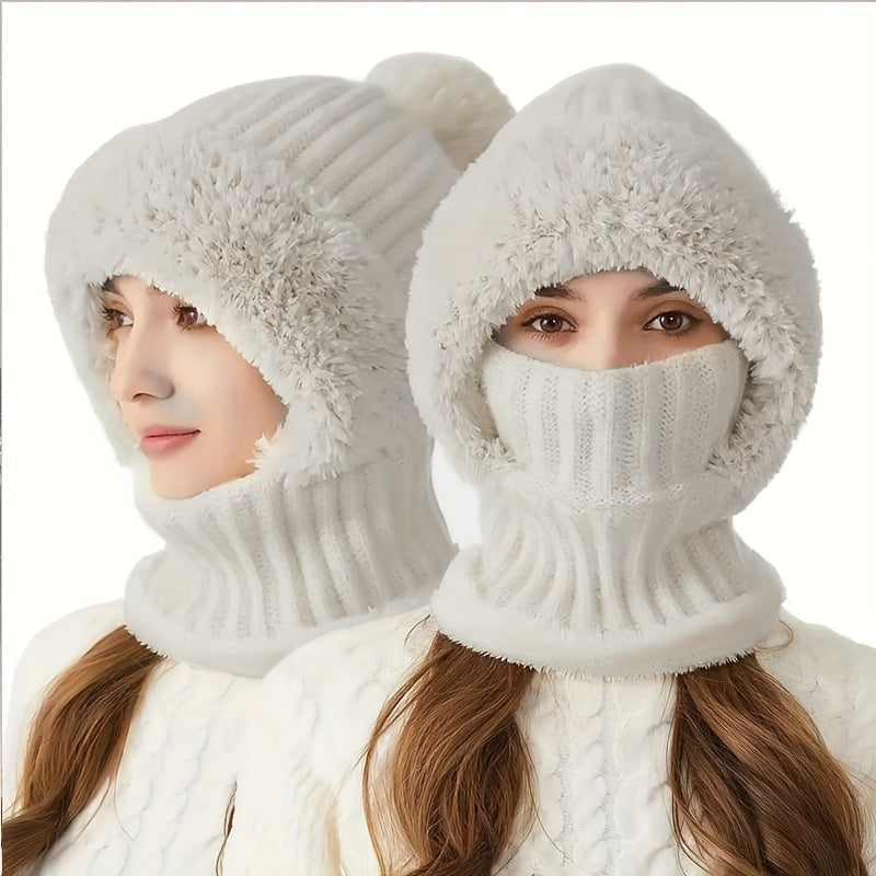 Winter Beanie mit Fleece-Futter und Halswärmer – Gestrickte Mütze mit abnehmbarer Gesichtsmaske, Pompon und Pelzbesatz