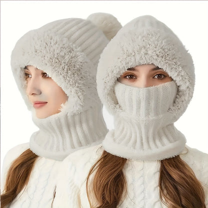Winter Beanie mit Fleece-Futter und Halswärmer – Gestrickte Mütze mit abnehmbarer Gesichtsmaske, Pompon und Pelzbesatz