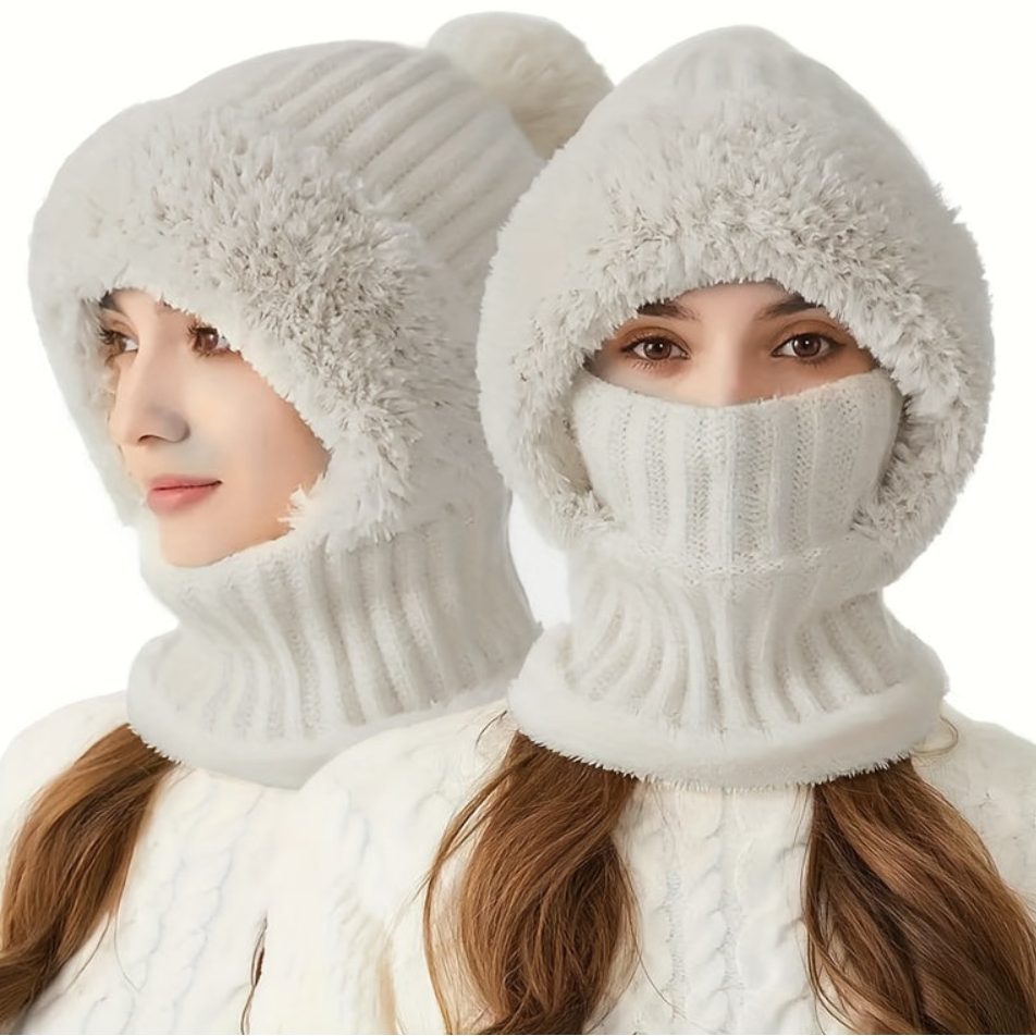 Winter Beanie mit Fleece-Futter und Halswärmer – Gestrickte Mütze mit abnehmbarer Gesichtsmaske, Pompon und Pelzbesatz