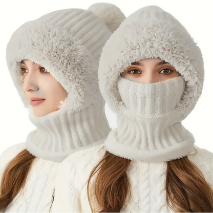 Winter Beanie mit Fleece-Futter und Halswärmer – Gestrickte Mütze mit abnehmbarer Gesichtsmaske, Pompon und Pelzbesatz