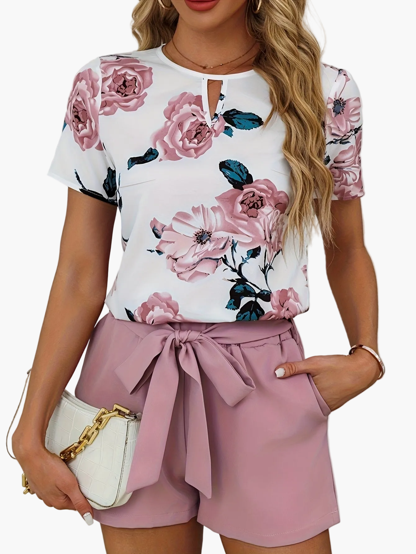 Damen Elegantes Blusenshorts-Set mit Blumenmuster und Gürtel – Perfekt für Frühling & Sommer