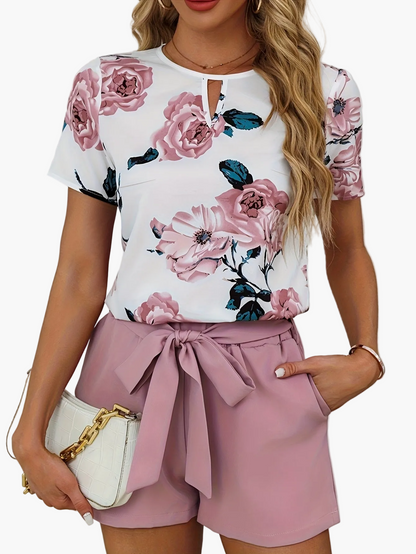 Damen Elegantes Blusenshorts-Set mit Blumenmuster und Gürtel – Perfekt für Frühling & Sommer