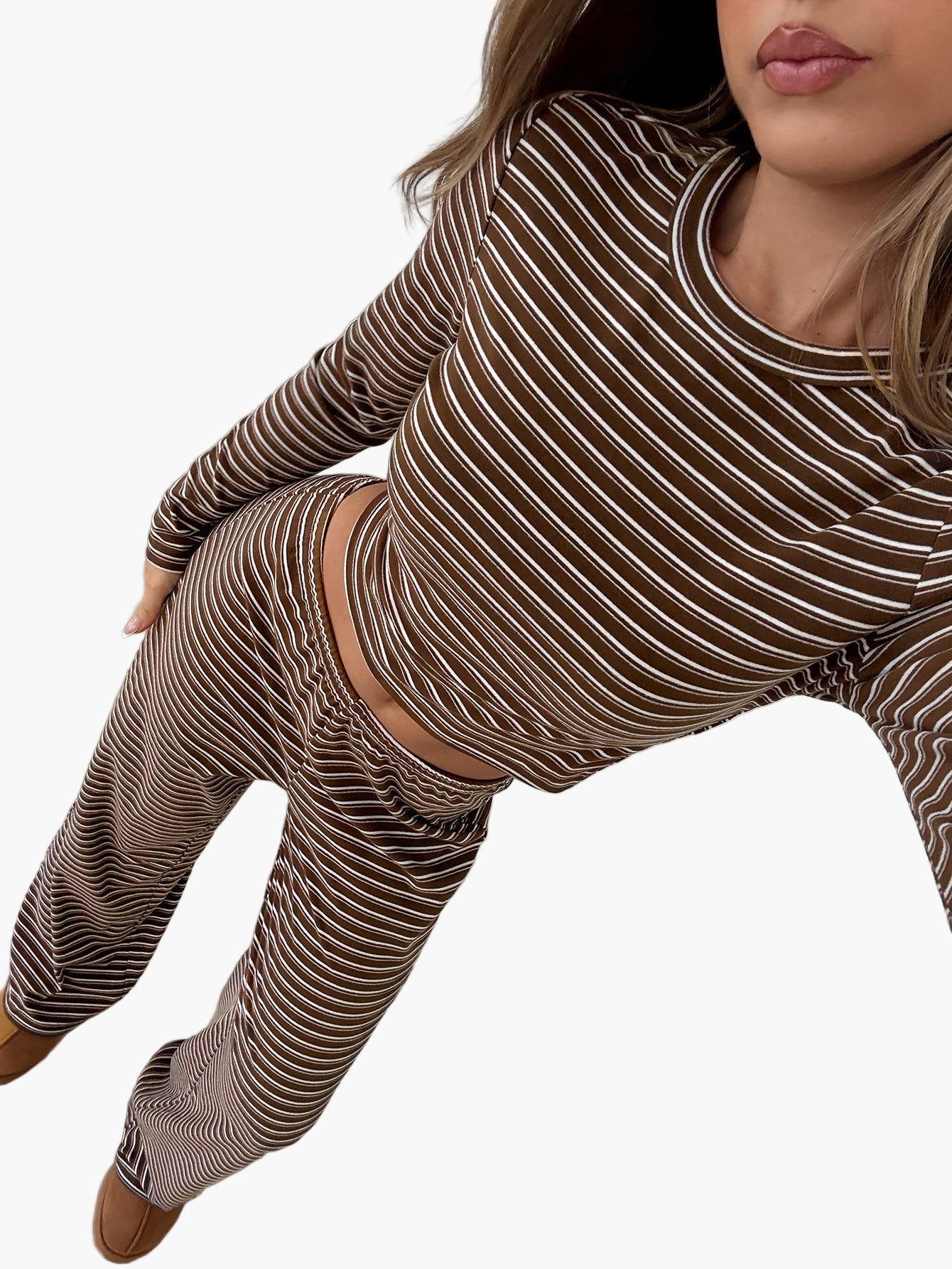 Damen Freizeit Zweiteiler Set – Gestreiftes Langarmshirt und Hose, Bequem & Modisch für Alltag und Lounge