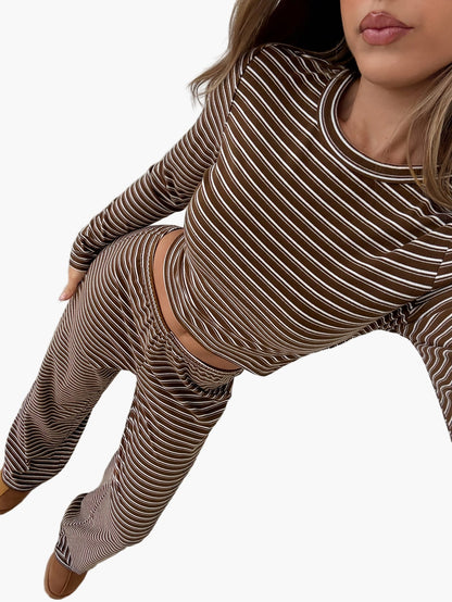 Damen Freizeit Zweiteiler Set – Gestreiftes Langarmshirt und Hose, Bequem & Modisch für Alltag und Lounge