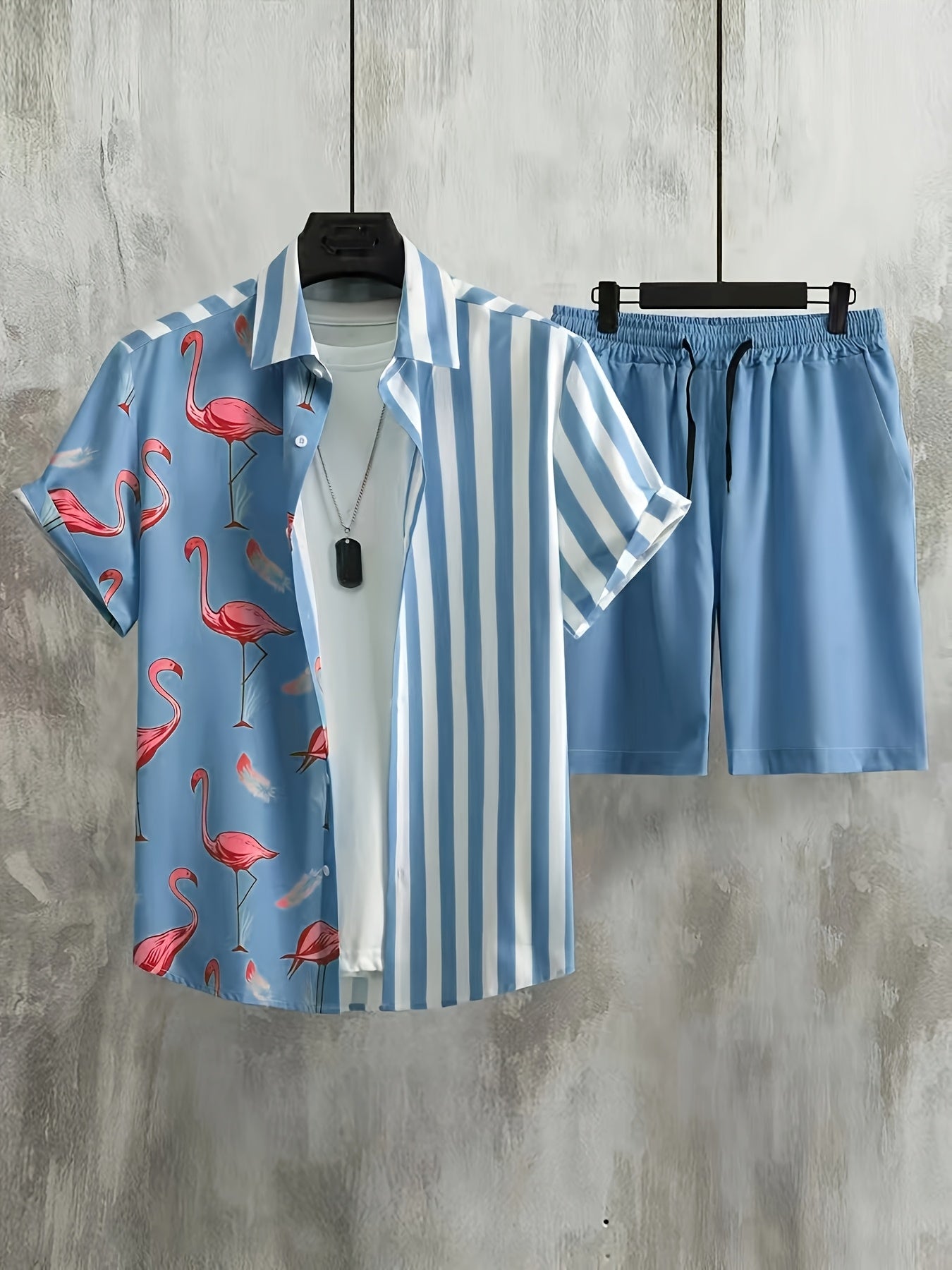 Herren Sommer Freizeitset mit Flamingo- und Streifenmuster – Modisches Kurzarm-Hemd & Shorts – Perfekt für Urlaub und Alltag