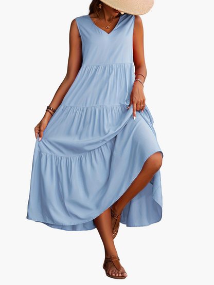 Damen Sommer Maxikleid Elegant V-Ausschnitt Ärmellos Freizeitkleid