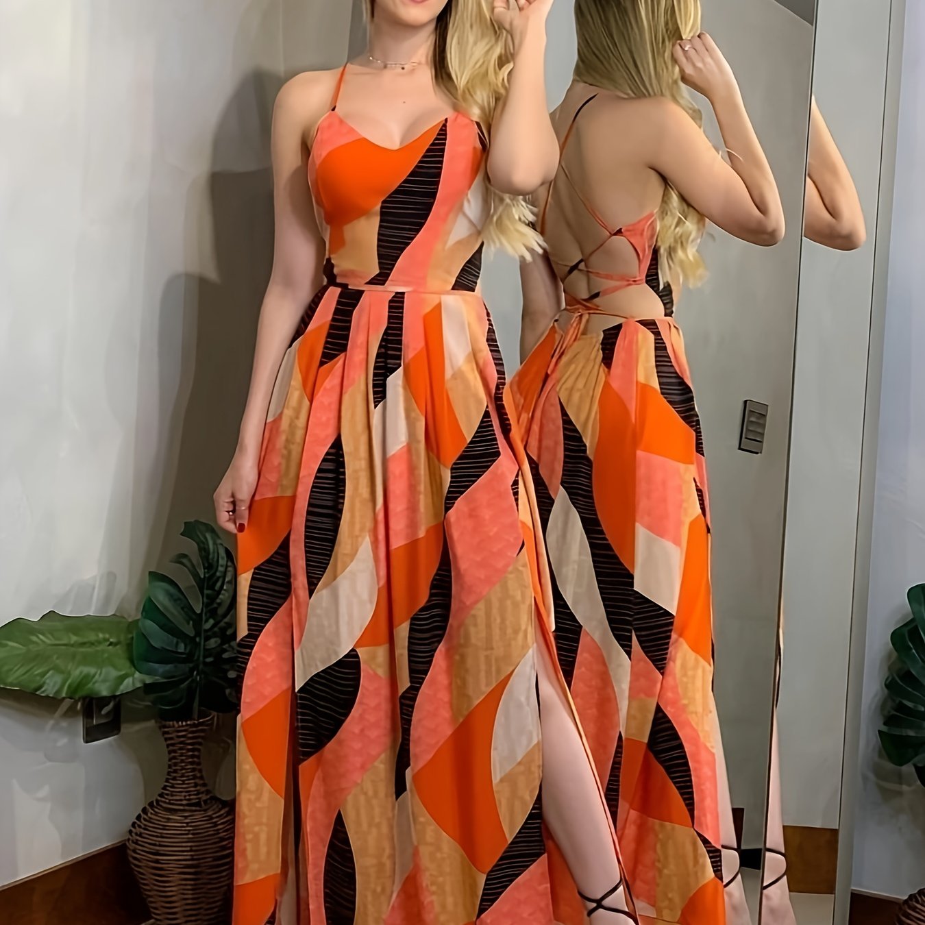 Damen Maxikleid Elegant mit abstraktem Muster und Schlitz – Perfekt für besondere Anlässe