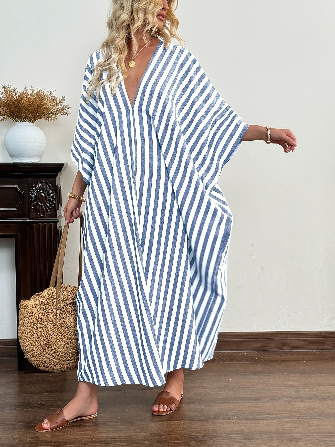 Damen Kaftan Maxi Kleid mit Streifen – Lässiger Oversize Strand- und Urlaubslook