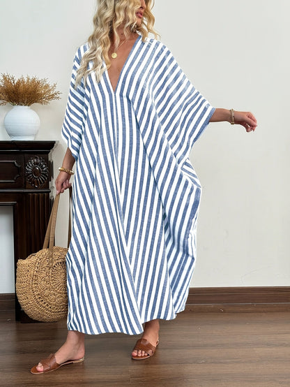 Damen Kaftan Maxi Kleid mit Streifen – Lässiger Oversize Strand- und Urlaubslook