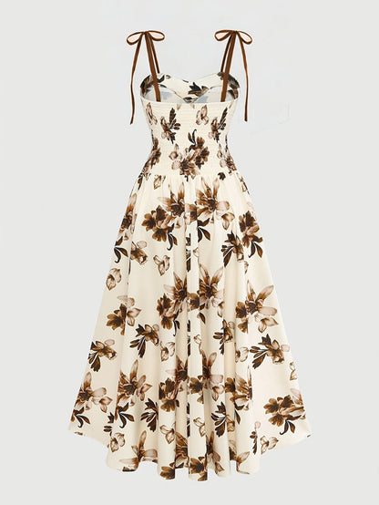 Damen Midikleid mit Blumenmuster und Schleifen-Trägern – Elegantes A-Linien Sommerkleid