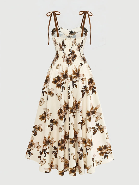 Damen Midikleid mit Blumenmuster und Schleifen-Trägern – Elegantes A-Linien Sommerkleid