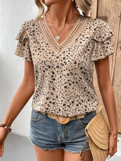 Damen Bluse mit V-Ausschnitt und Rüschenärmeln – Eleganter Sommer Stil für Freizeit und Alltag